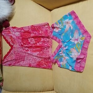 Josie camisole pj tops, pink floral stretch, blue and pink floral. Size large.